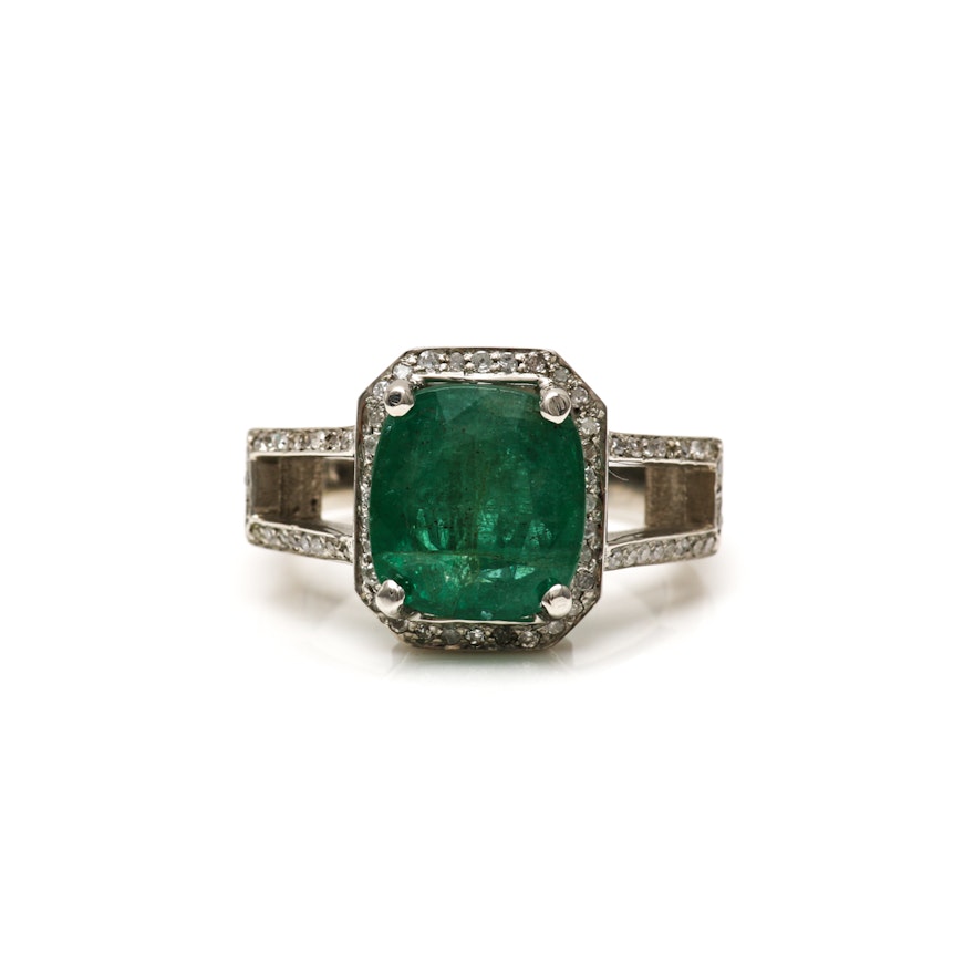 14K White Gold 3.54 CT Emerald and Diamond Ring