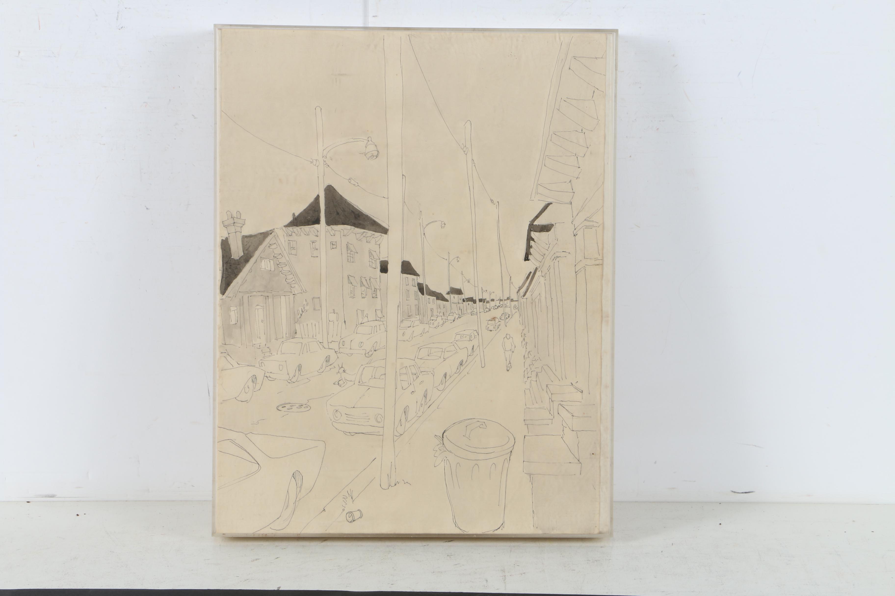 Ink and Watercolor Drawing of a Road Attributed to David Walker