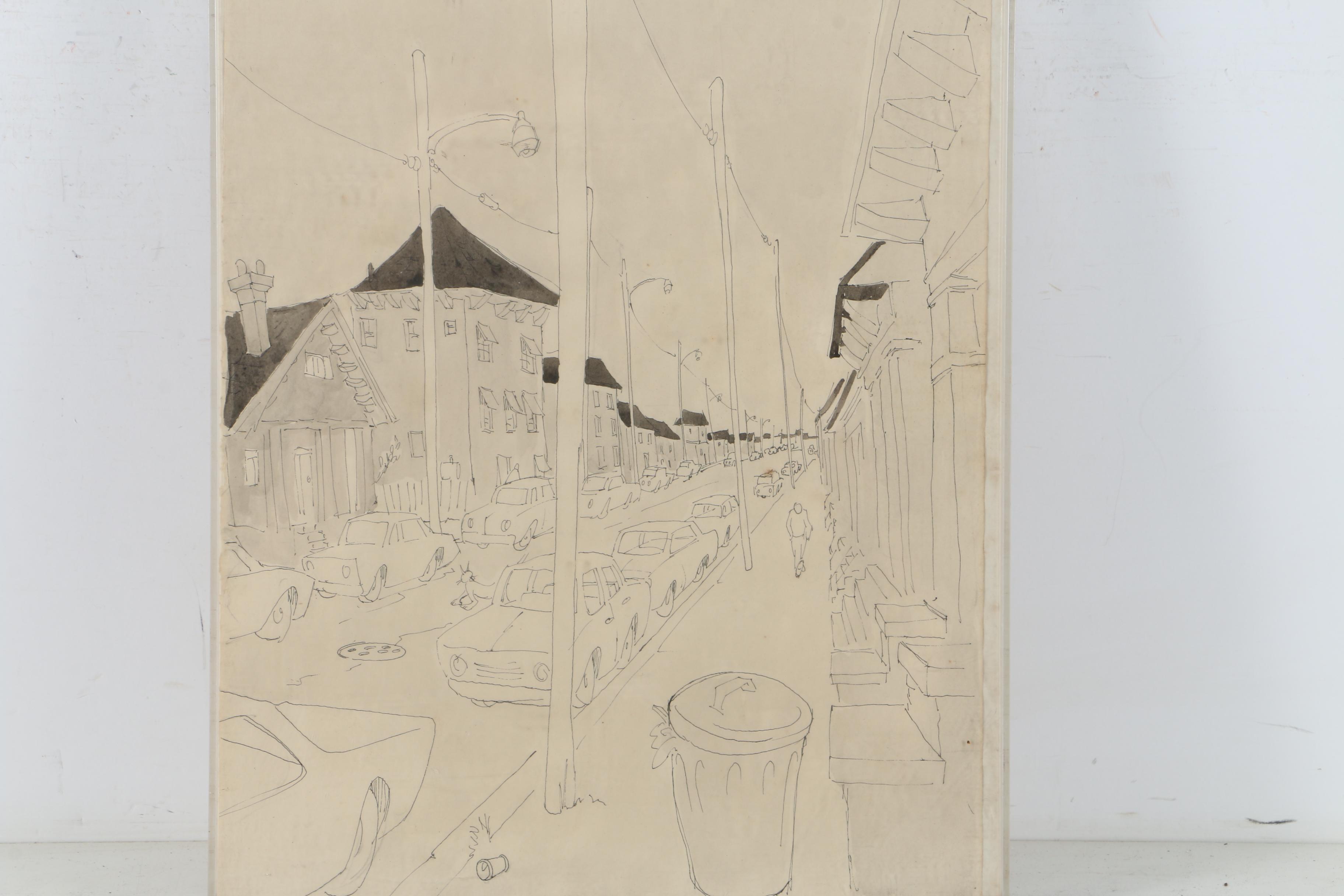 Ink and Watercolor Drawing of a Road Attributed to David Walker