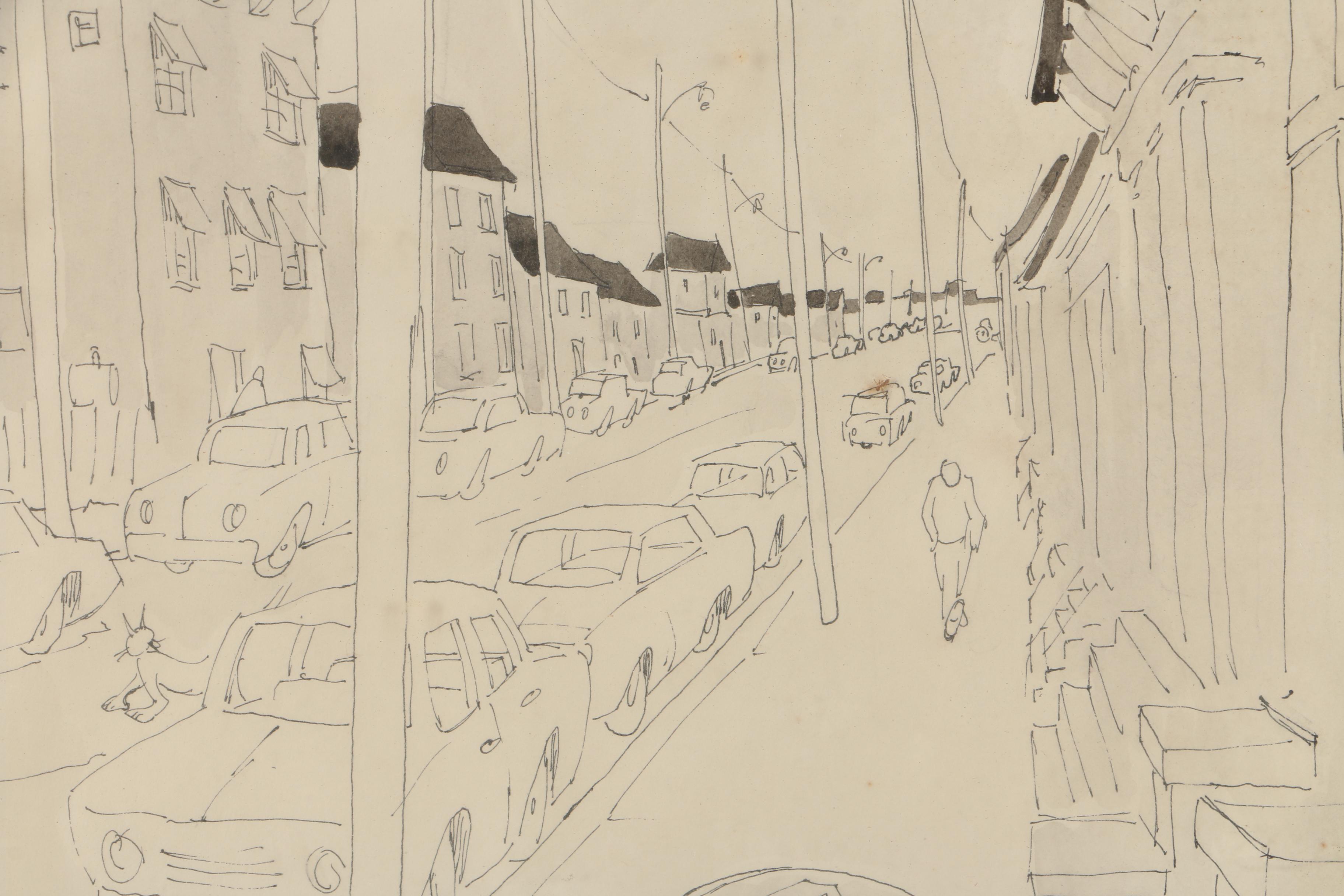 Ink and Watercolor Drawing of a Road Attributed to David Walker