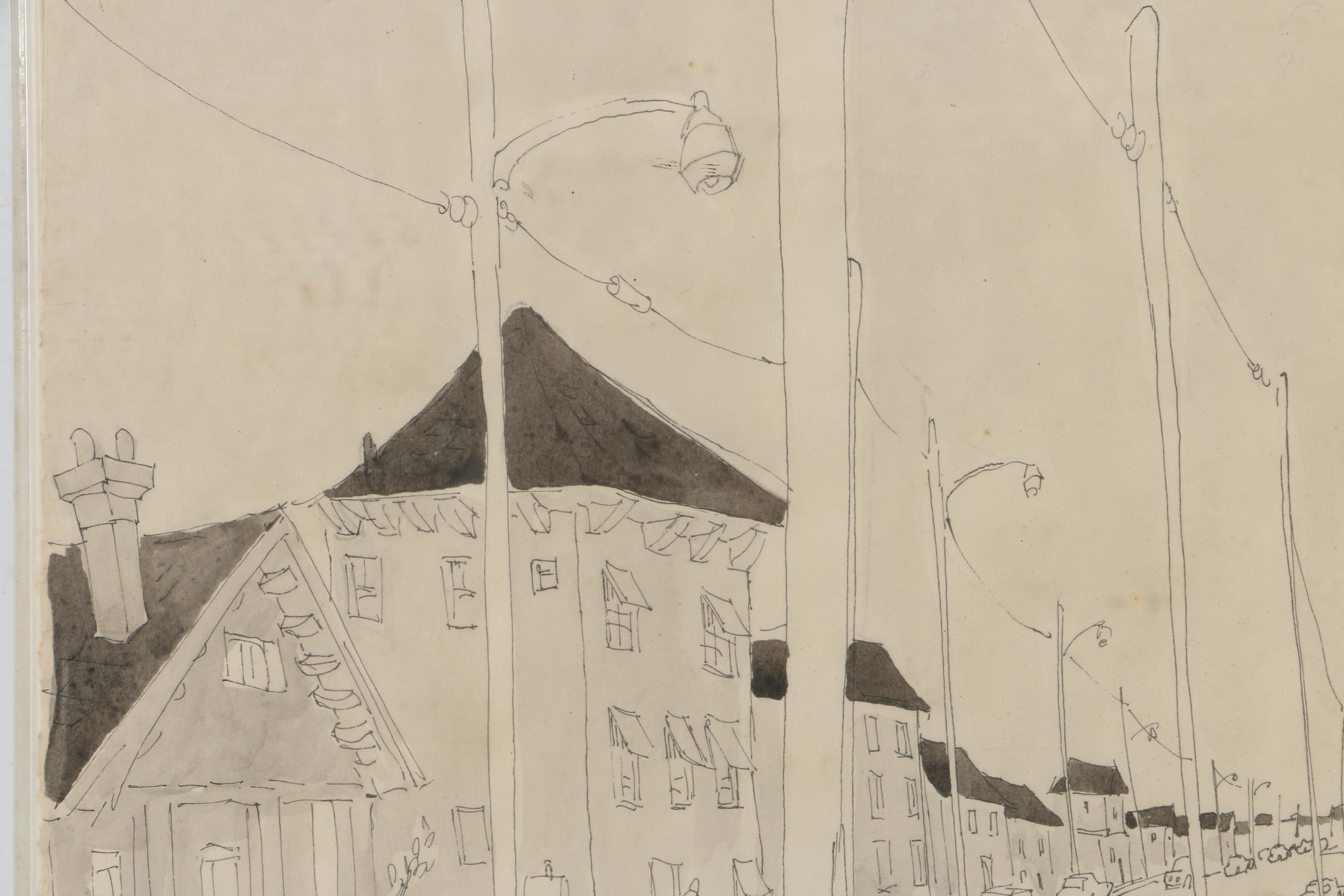 Ink and Watercolor Drawing of a Road Attributed to David Walker