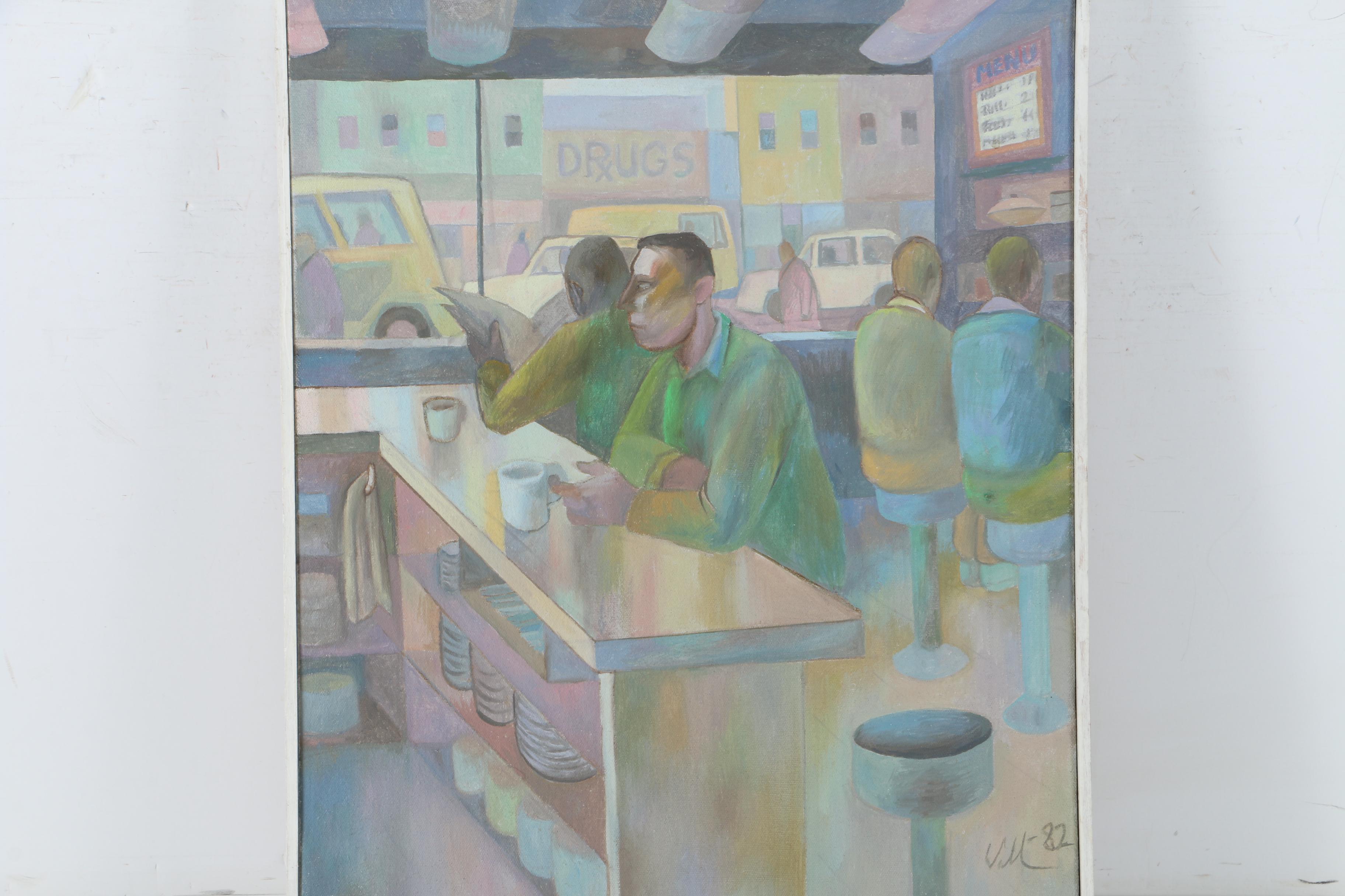 David Walker Oil on Canvas Painting "Restaurant Scene"