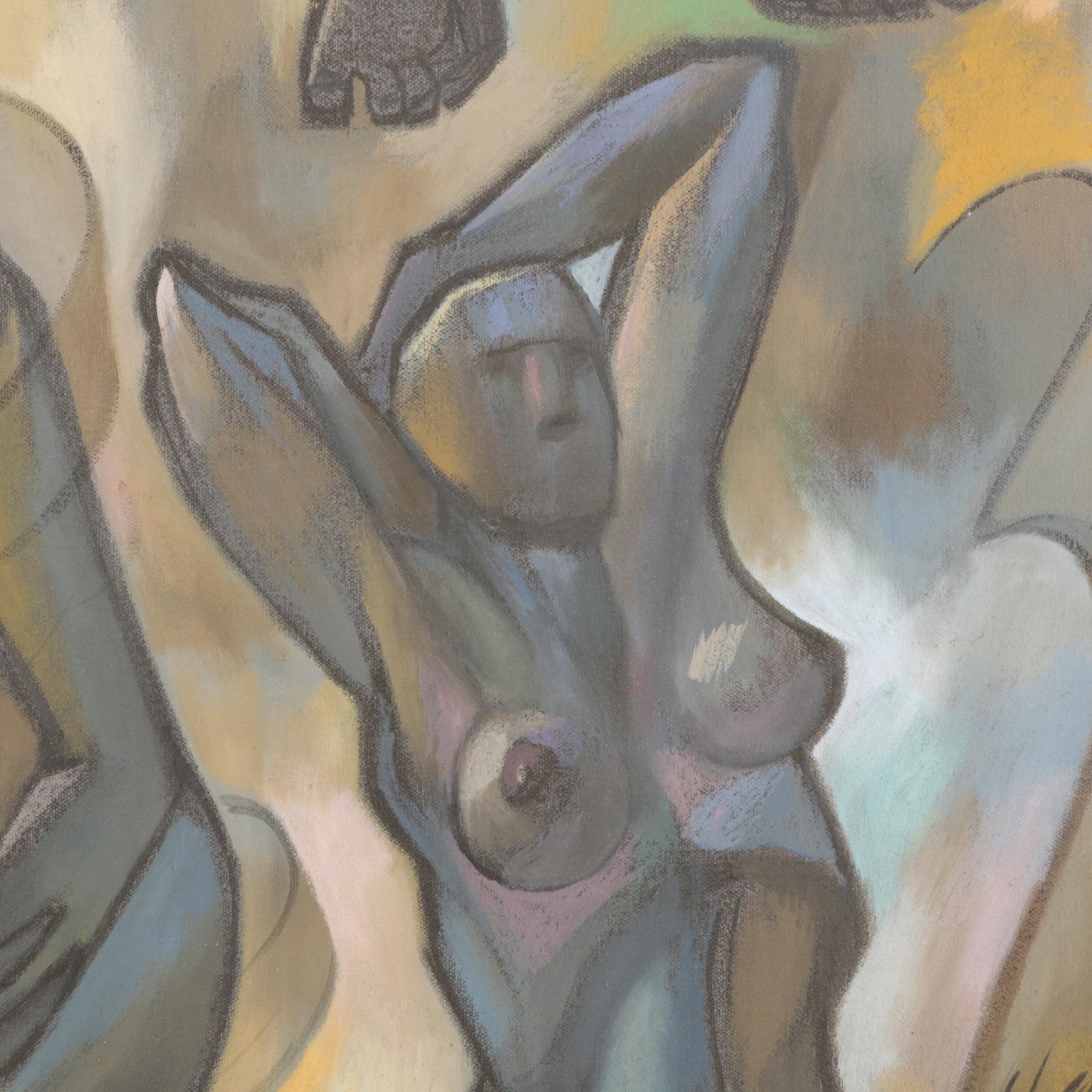 David Walker 1985 Oil Painting on Canvas of Stretching Figures