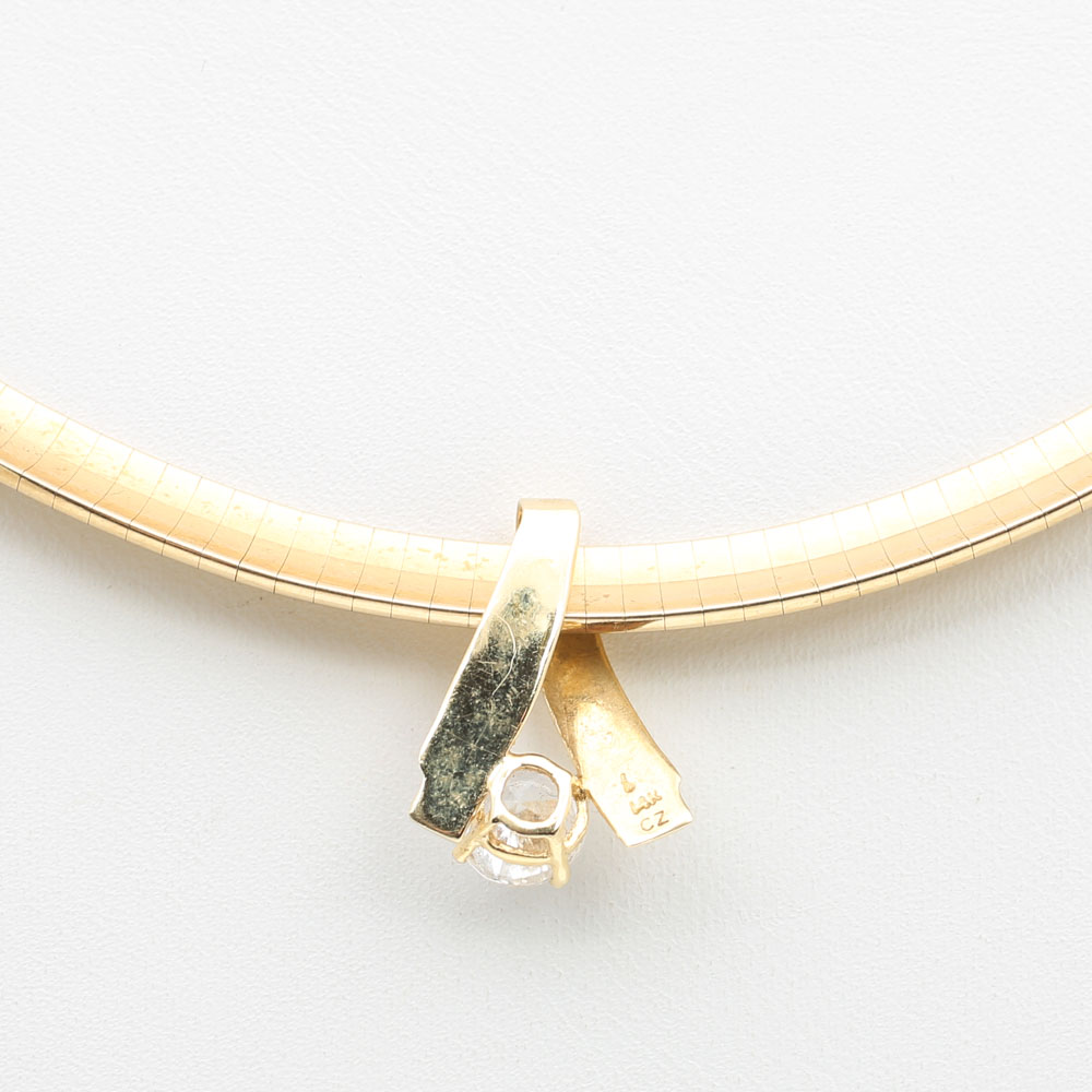 14K Yellow Gold Omega Necklace with Cubic Zirconia Slide Pendant