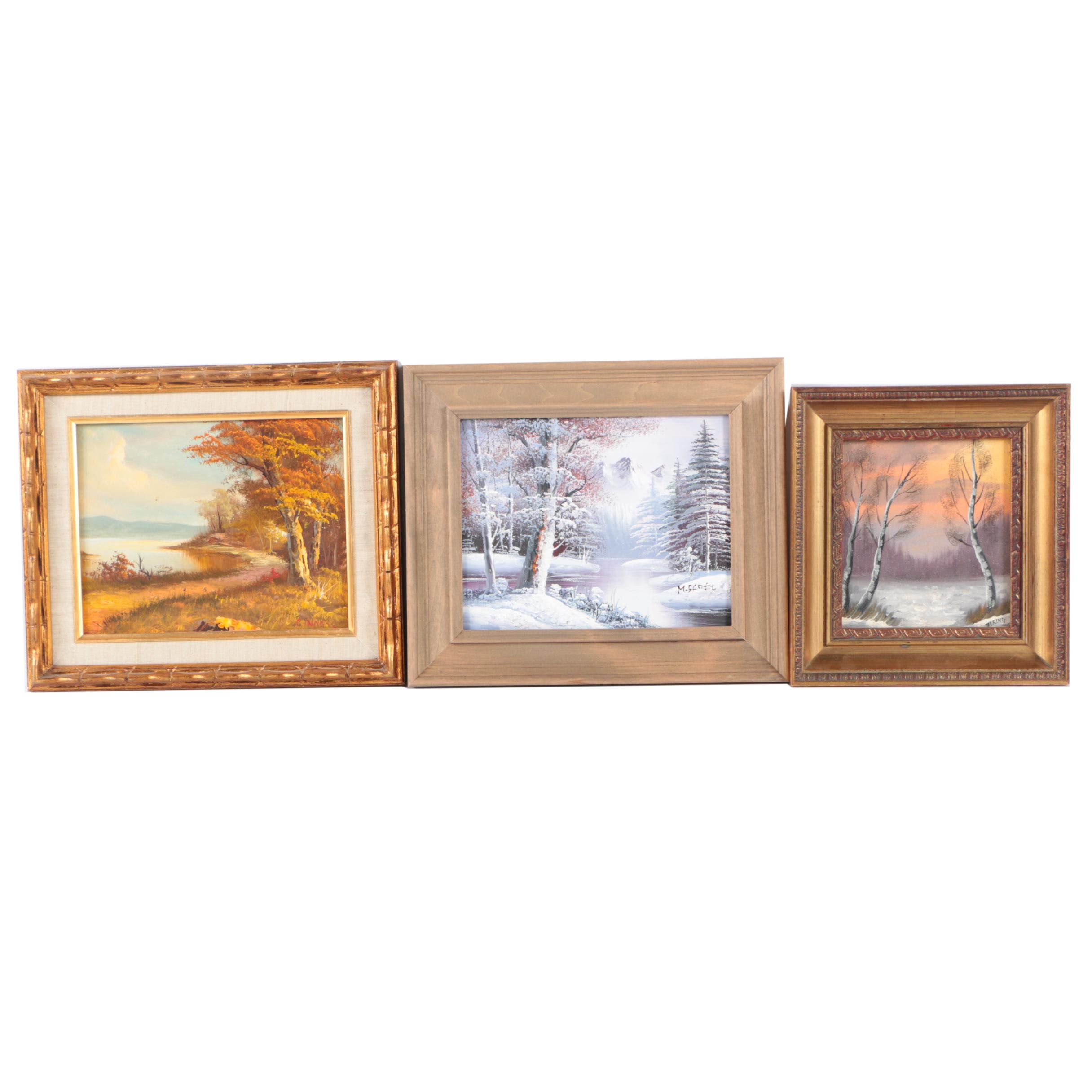 Three Landscape Oil Paintings on Canvas Board Including Clara Inness