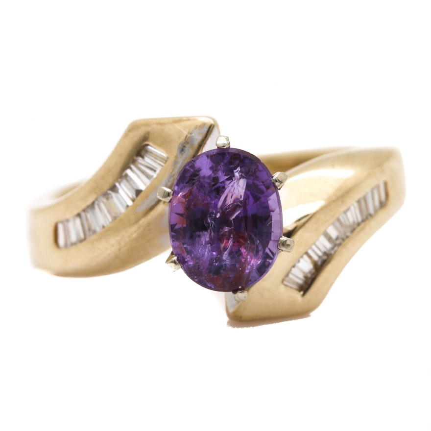 14K Yellow Gold 1.47 ct Purple Sapphire and Diamond Bypass Ring
