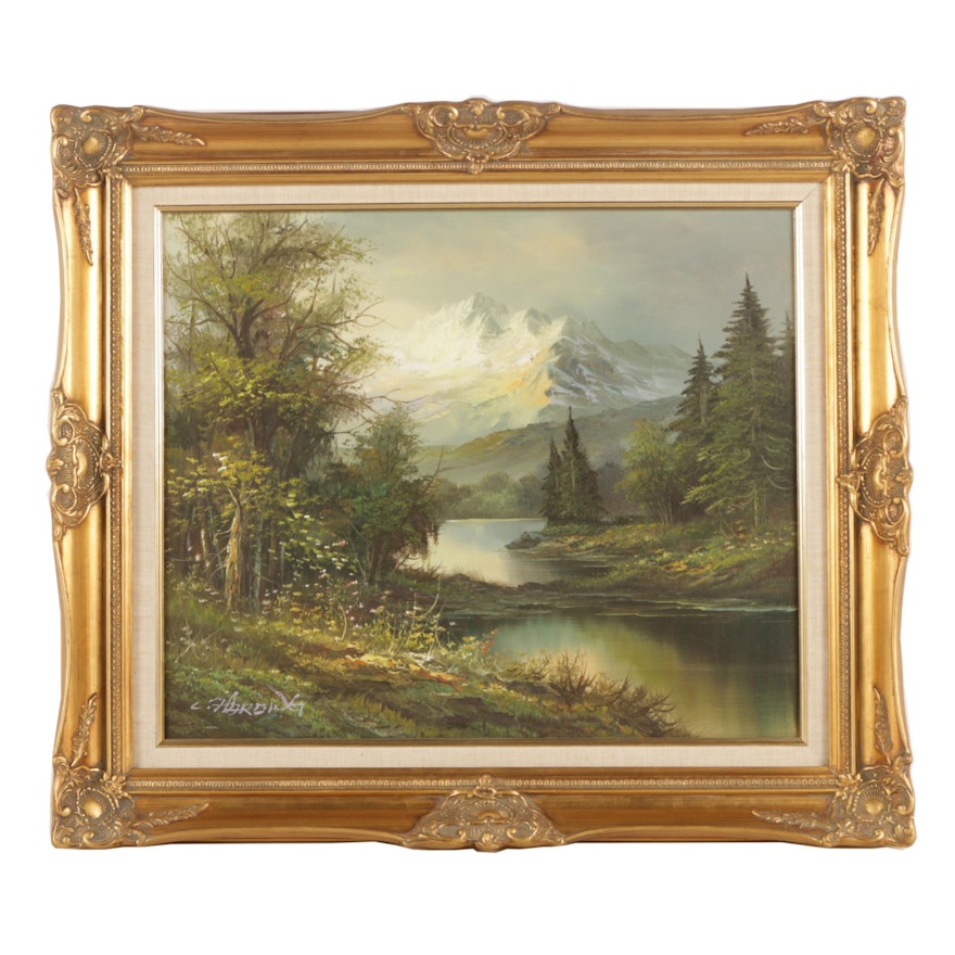 C. Harding Oil Painting on Canvas of River in Mountain Landscape