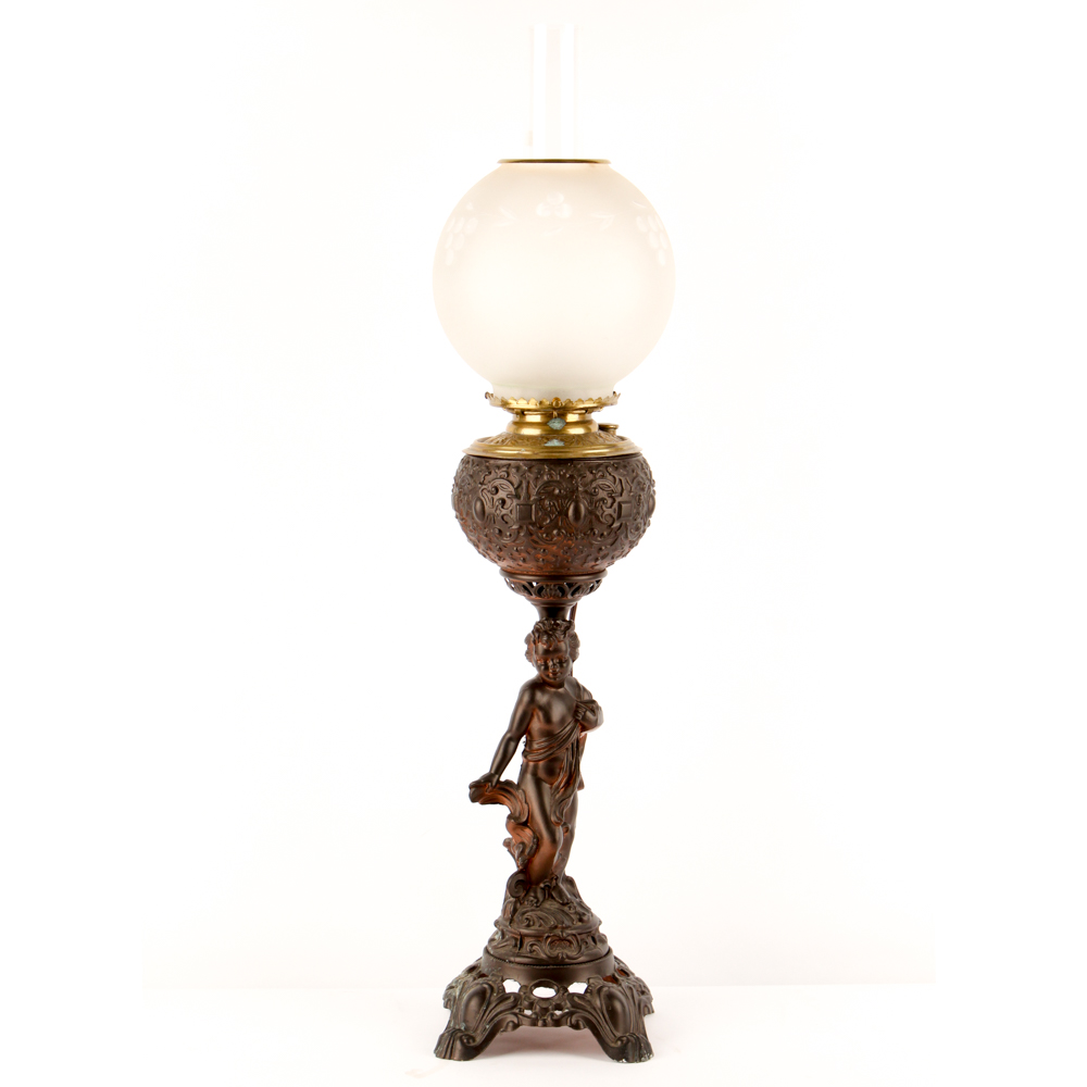 Bronze Tone Cherub and Glass Lamp