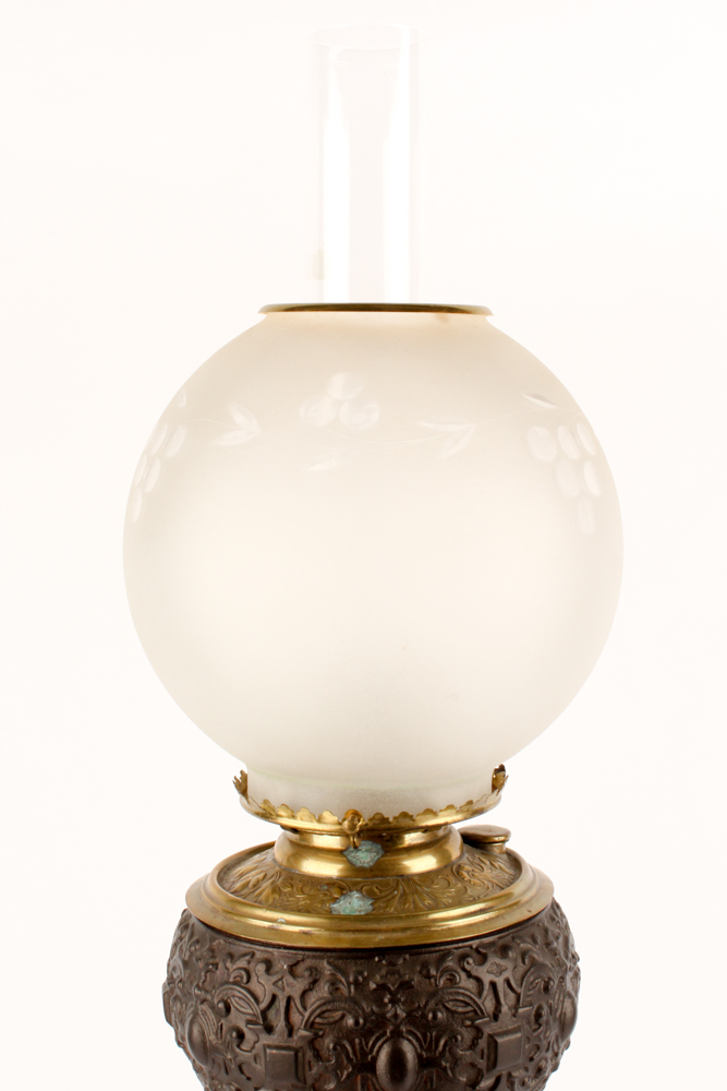 Bronze Tone Cherub and Glass Lamp