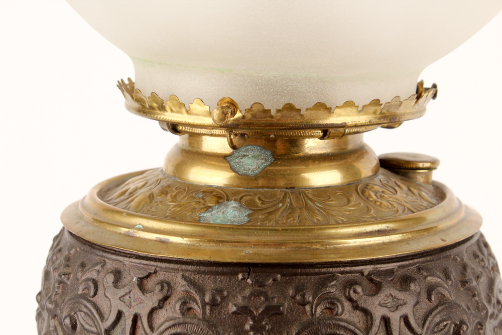 Bronze Tone Cherub and Glass Lamp