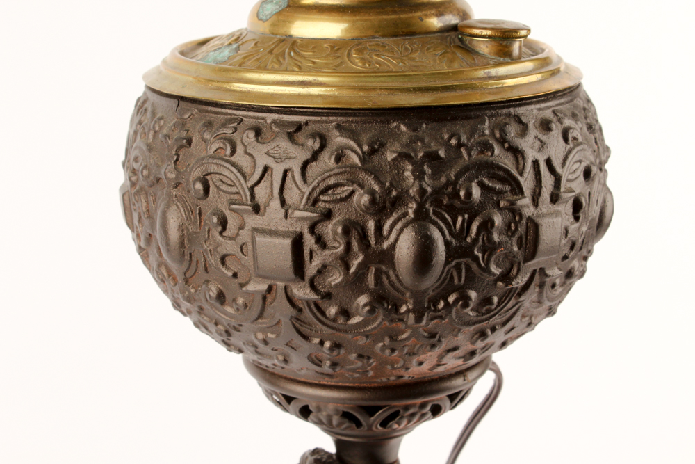 Bronze Tone Cherub and Glass Lamp