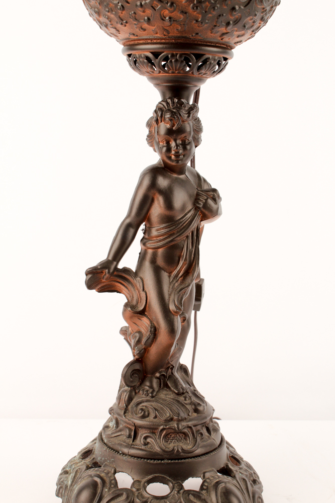 Bronze Tone Cherub and Glass Lamp