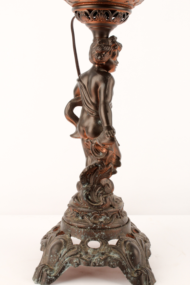 Bronze Tone Cherub and Glass Lamp