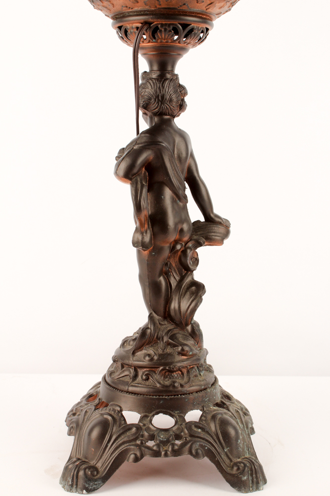 Bronze Tone Cherub and Glass Lamp