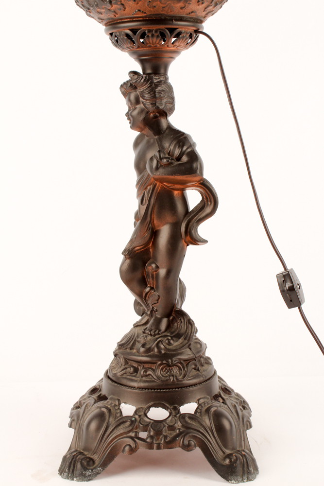 Bronze Tone Cherub and Glass Lamp