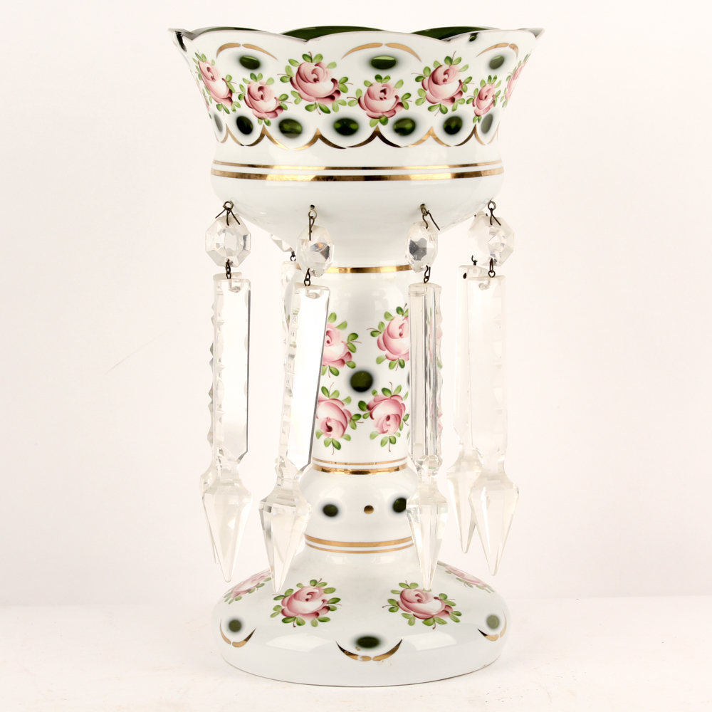 Antique Hand-Painted Mantel Luster with Dangling Crystals