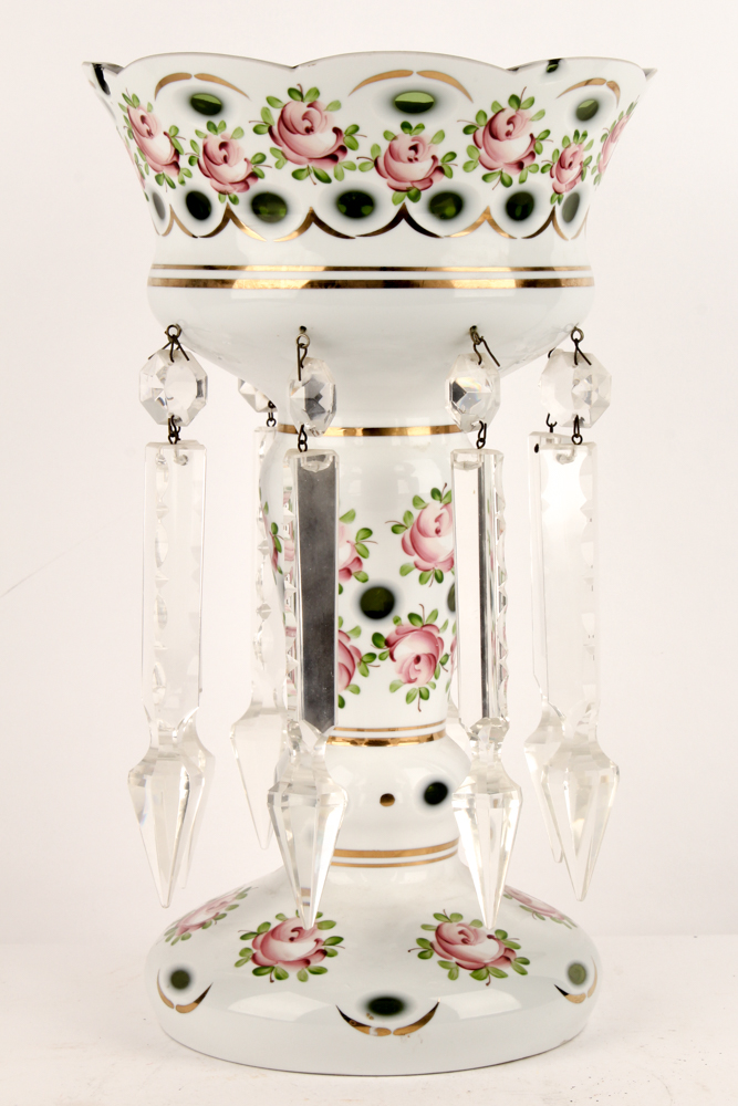 Antique Hand-Painted Mantel Luster with Dangling Crystals