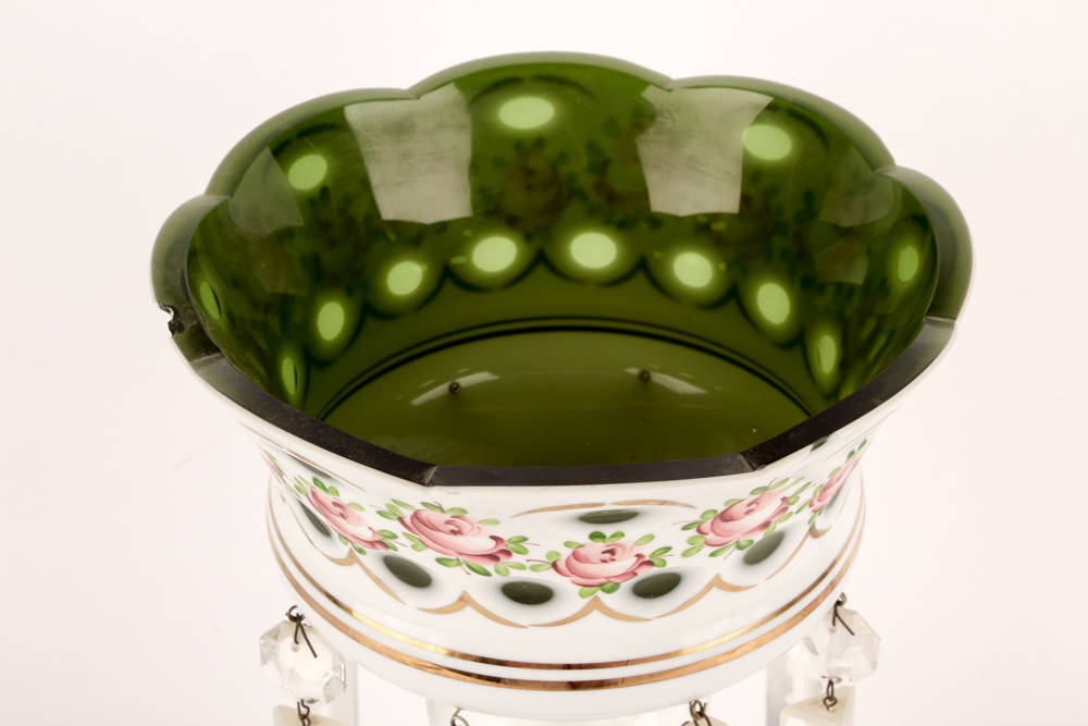 Antique Hand-Painted Mantel Luster with Dangling Crystals