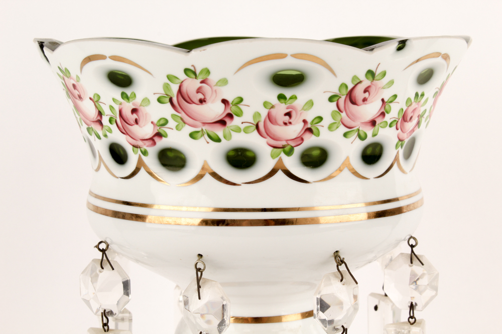 Antique Hand-Painted Mantel Luster with Dangling Crystals