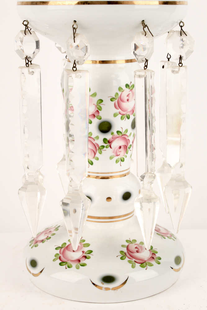 Antique Hand-Painted Mantel Luster with Dangling Crystals