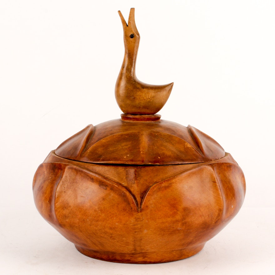 Hand-Carved Wooden Bowl with Goose Handle Lid