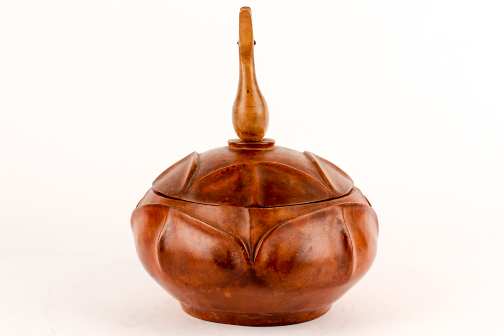 Hand-Carved Wooden Bowl with Goose Handle Lid