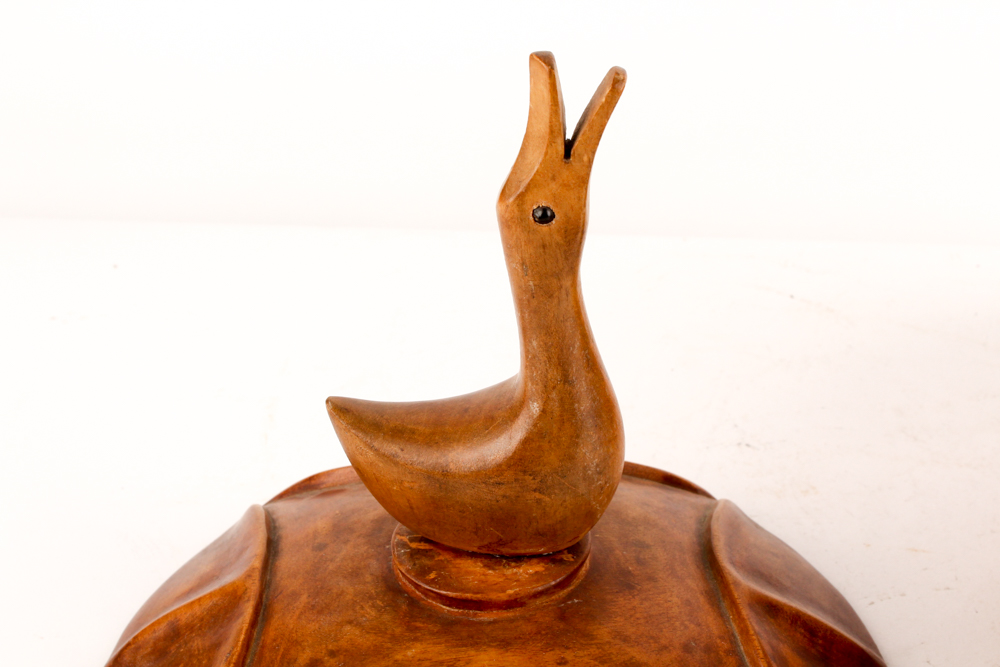 Hand-Carved Wooden Bowl with Goose Handle Lid