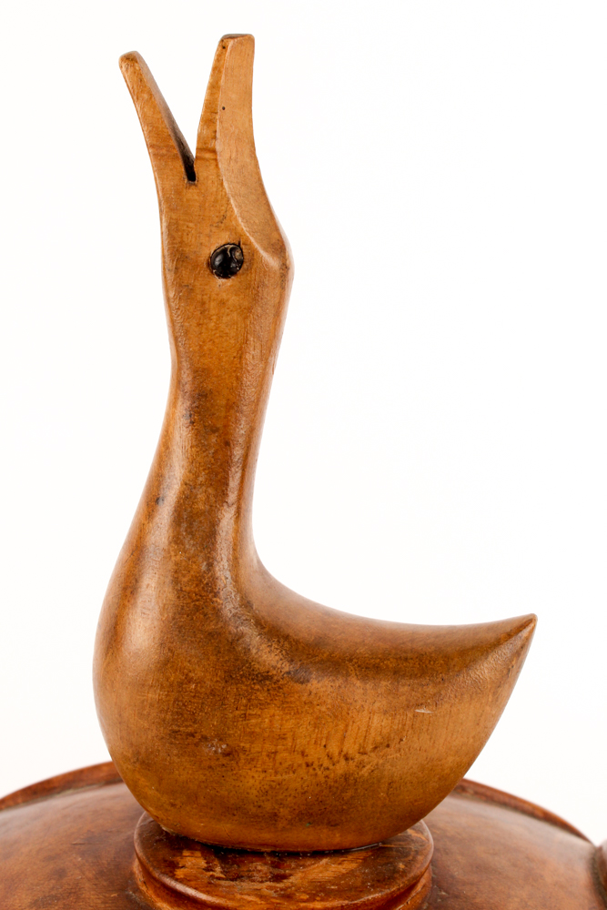 Hand-Carved Wooden Bowl with Goose Handle Lid