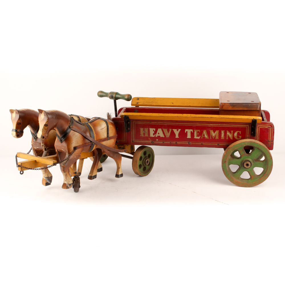1930s Jacrim "Drive 'Em" Wooden Horses and Wagon