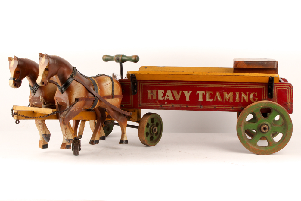 1930s Jacrim "Drive 'Em" Wooden Horses and Wagon