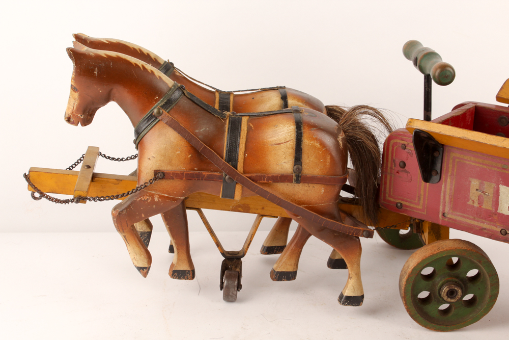 1930s Jacrim "Drive 'Em" Wooden Horses and Wagon