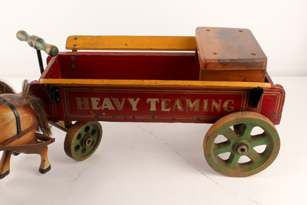 1930s Jacrim "Drive 'Em" Wooden Horses and Wagon