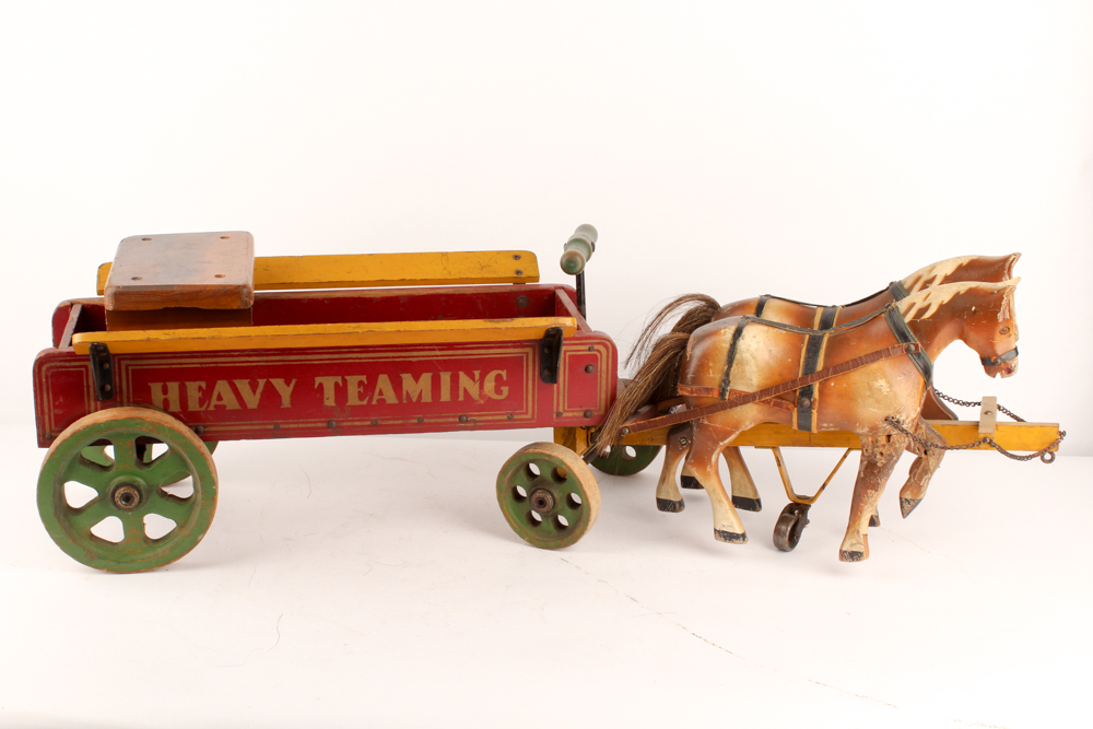 1930s Jacrim "Drive 'Em" Wooden Horses and Wagon