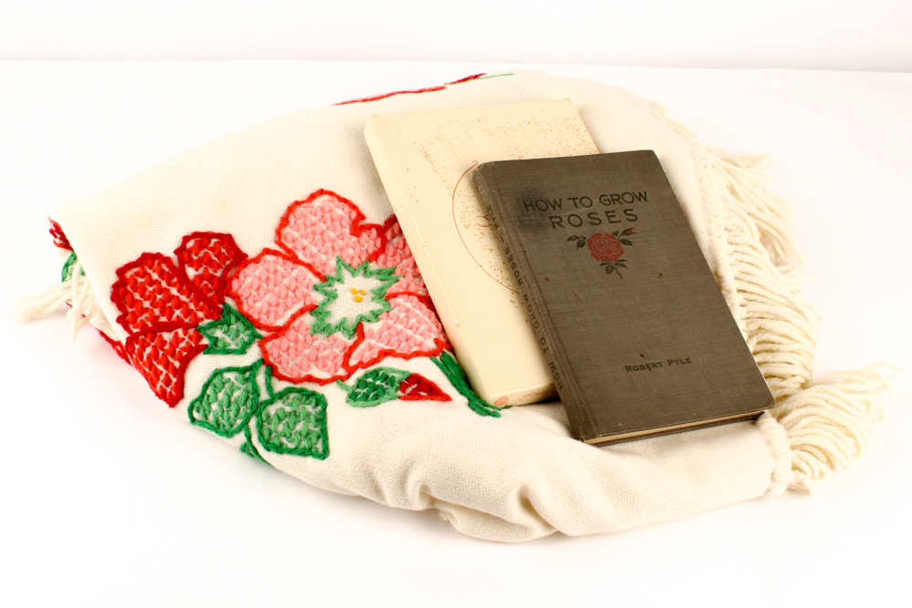 Vintage Flower-Themed Books and Hand-Embroidered Shawl