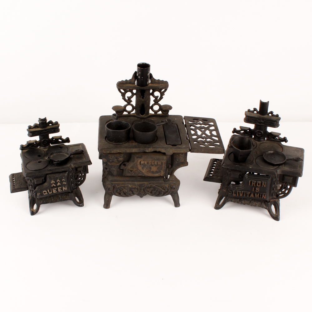 Antique Cast Iron Salesman Sample Stoves with Utensils