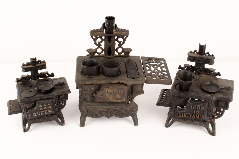 Antique Cast Iron Salesman Sample Stoves with Utensils