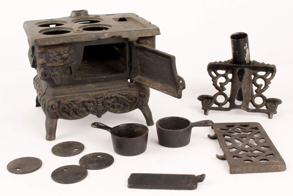 Antique Cast Iron Salesman Sample Stoves with Utensils