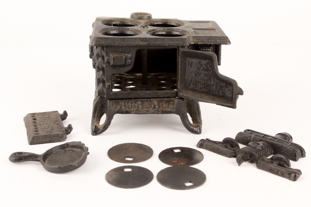 Antique Cast Iron Salesman Sample Stoves with Utensils