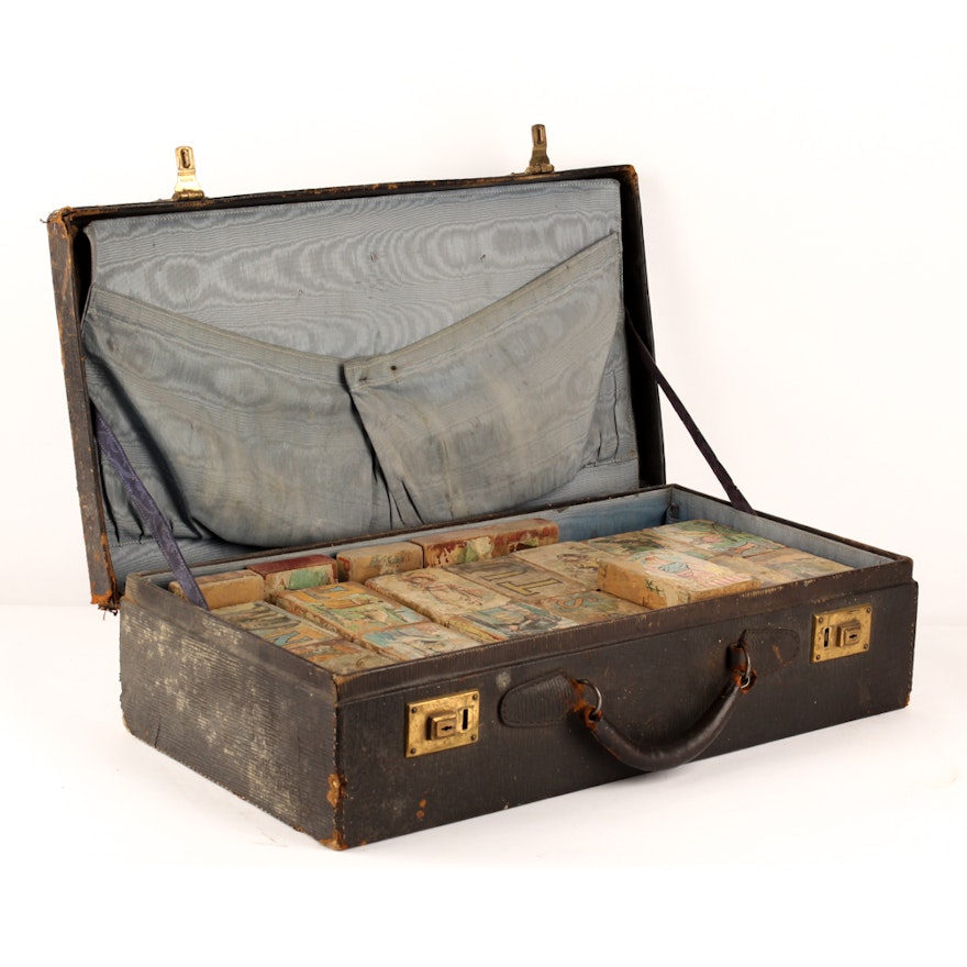 Vintage Briefcase with Paper Litho Alphabet Blocks