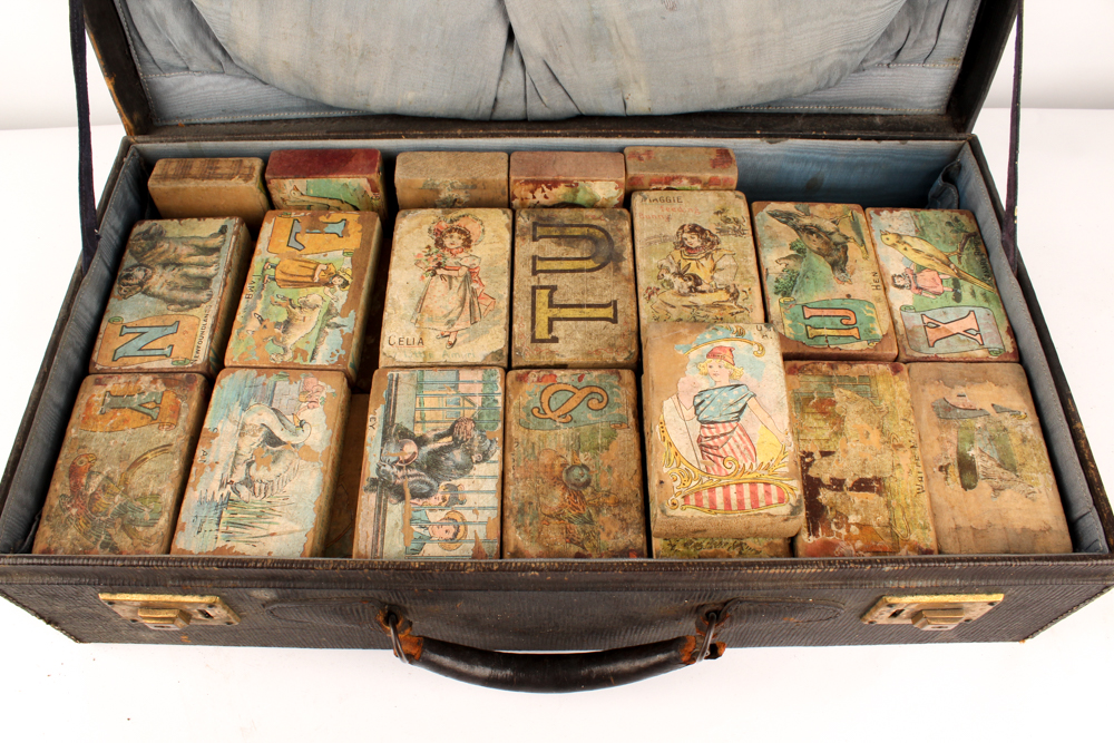 Vintage Briefcase with Paper Litho Alphabet Blocks