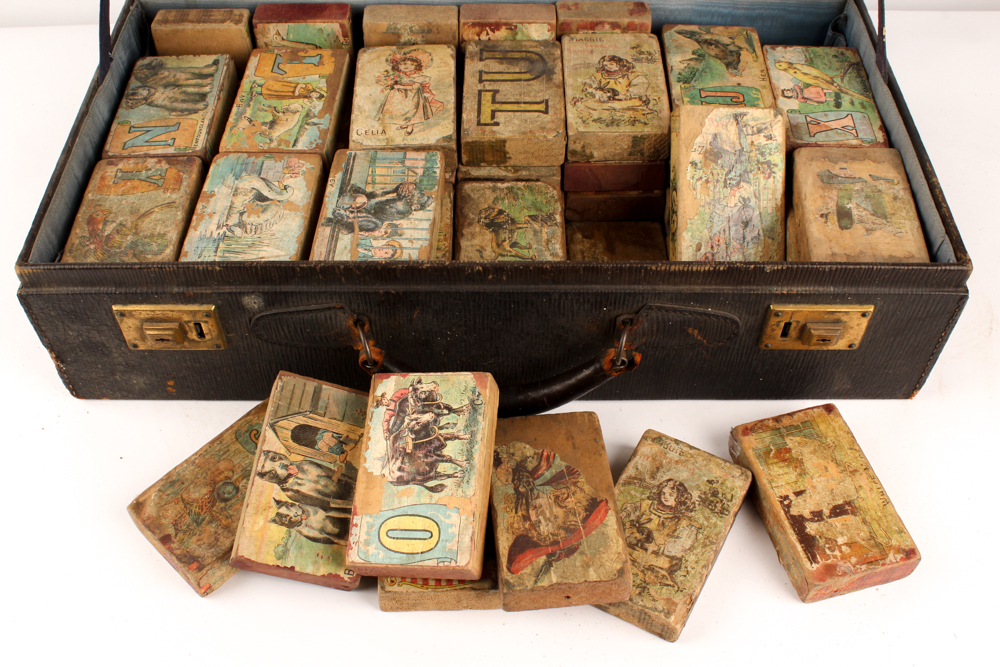 Vintage Briefcase with Paper Litho Alphabet Blocks