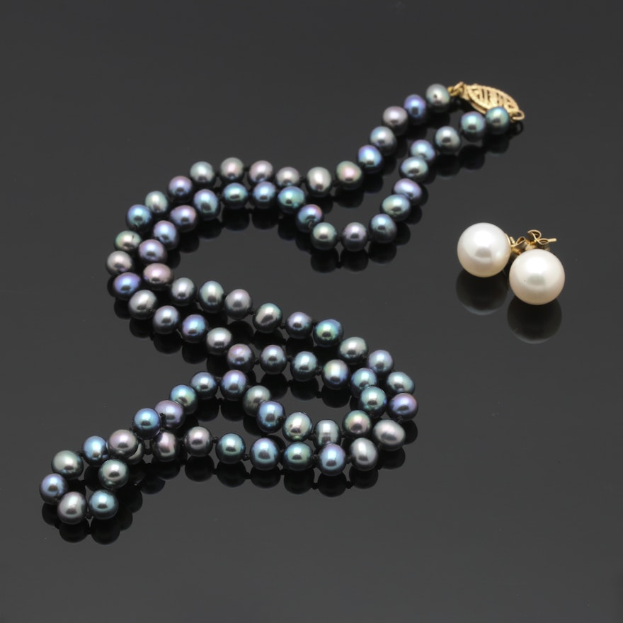 14K Yellow Gold Cultured Pearl Necklace and Earrings