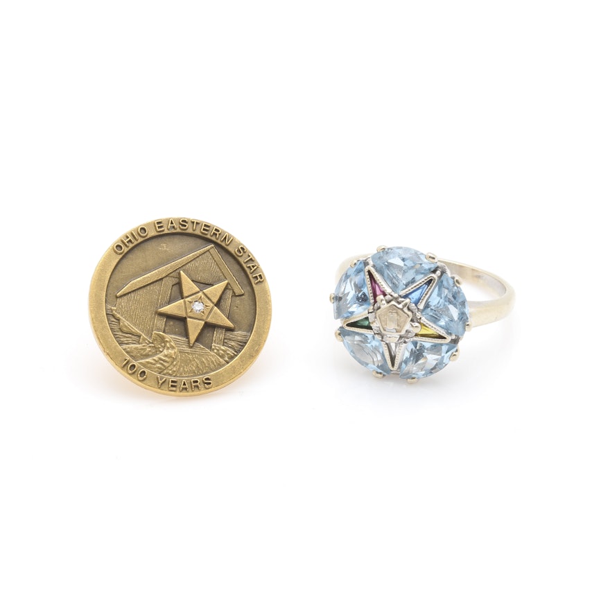 Order of The Eastern Star Masonic 10K White Gold Ring and Gold Tone Pin
