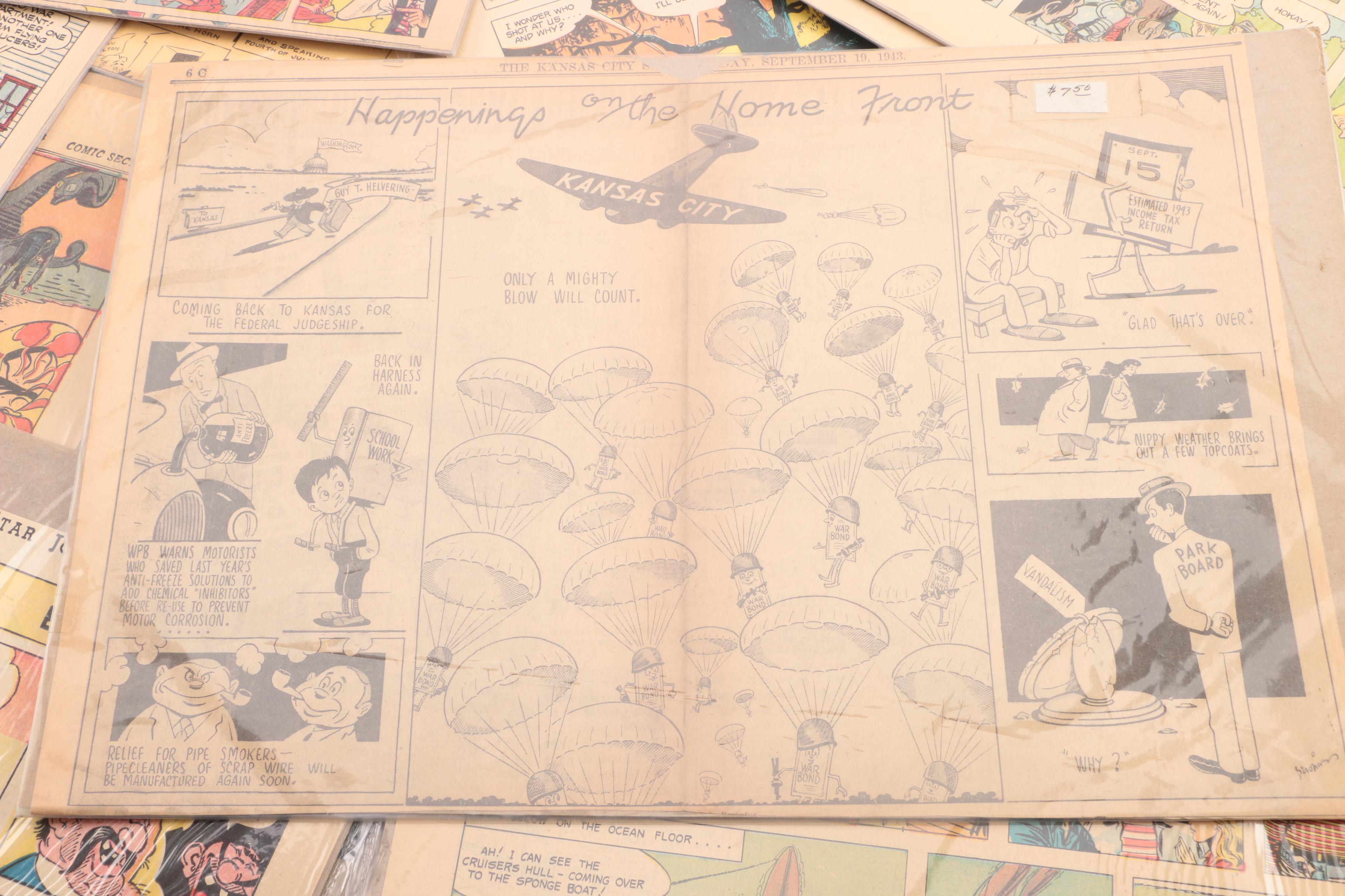 1940s Newspaper Comics Including "Superman" and "Happenings on the Home Front"