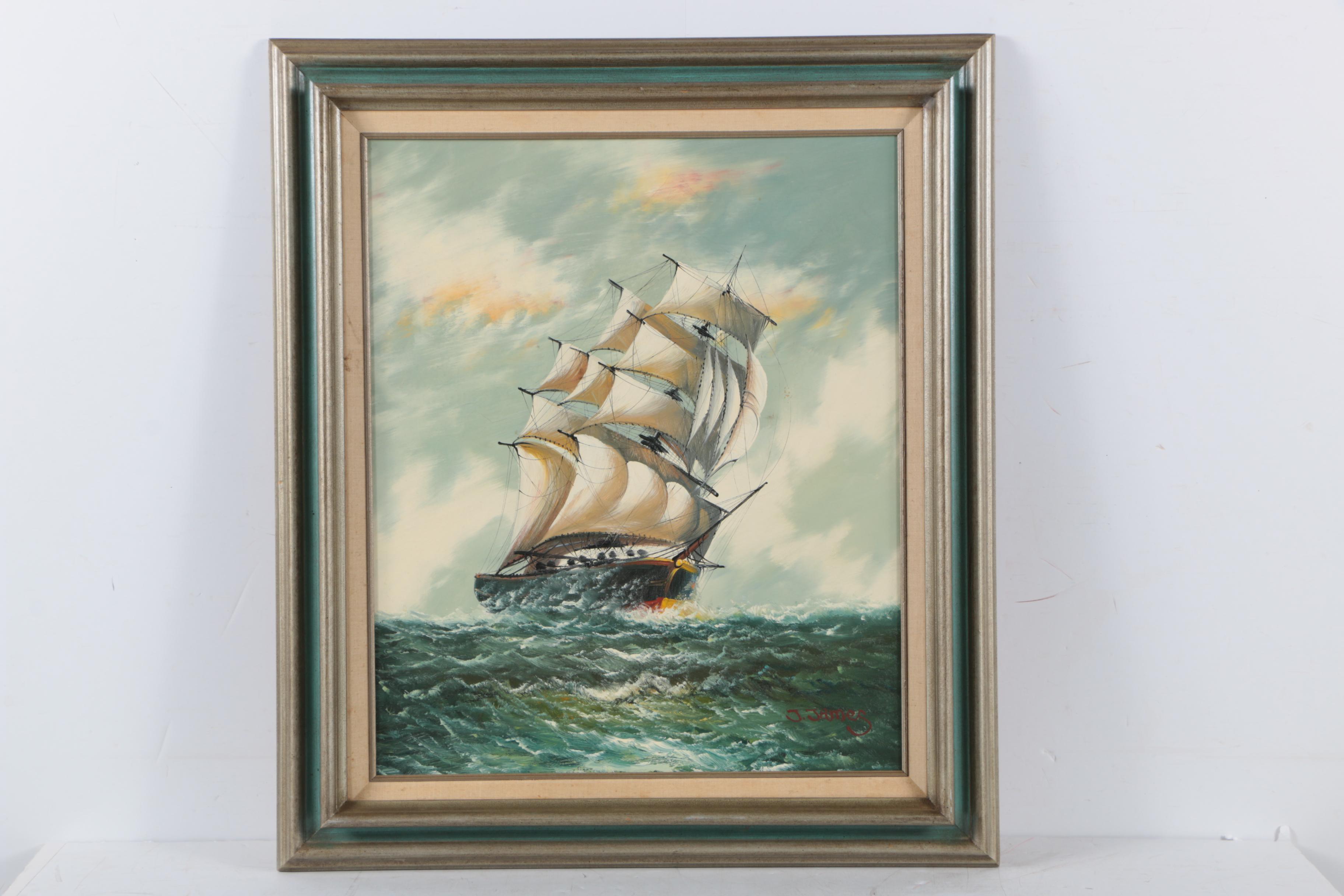 J. James Oil Painting on Canvas of Ship Scene