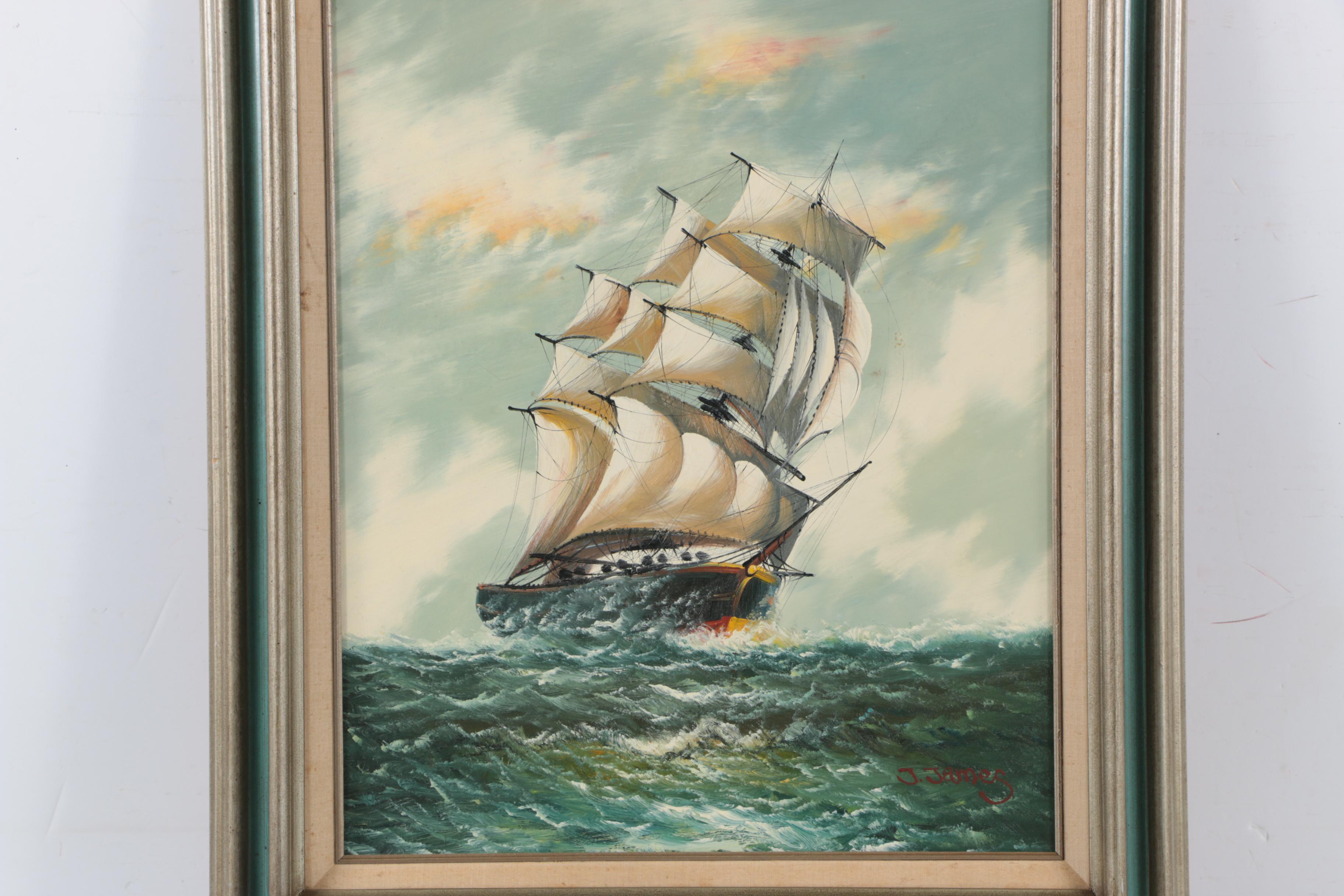 J. James Oil Painting on Canvas of Ship Scene