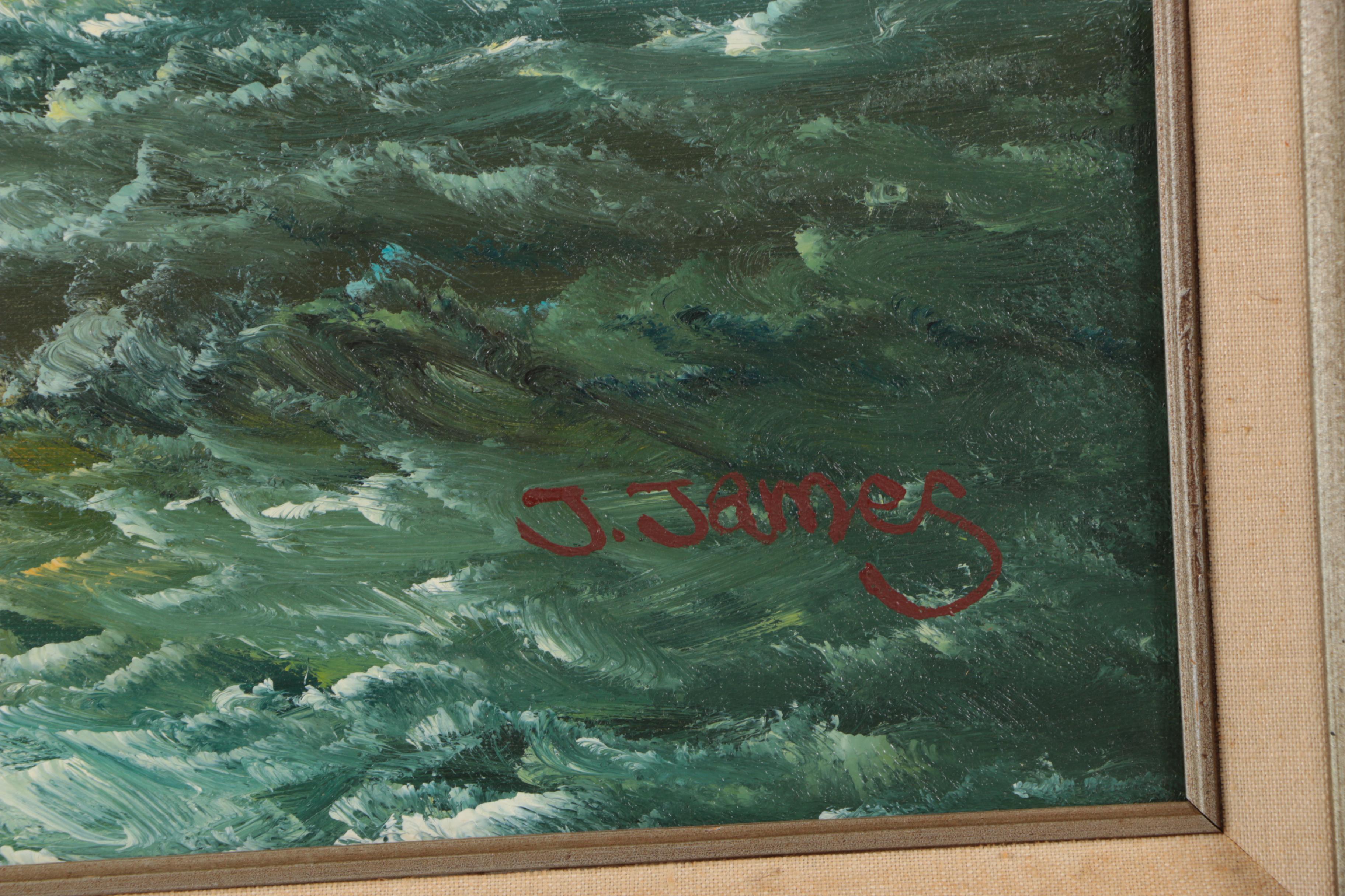 J. James Oil Painting on Canvas of Ship Scene