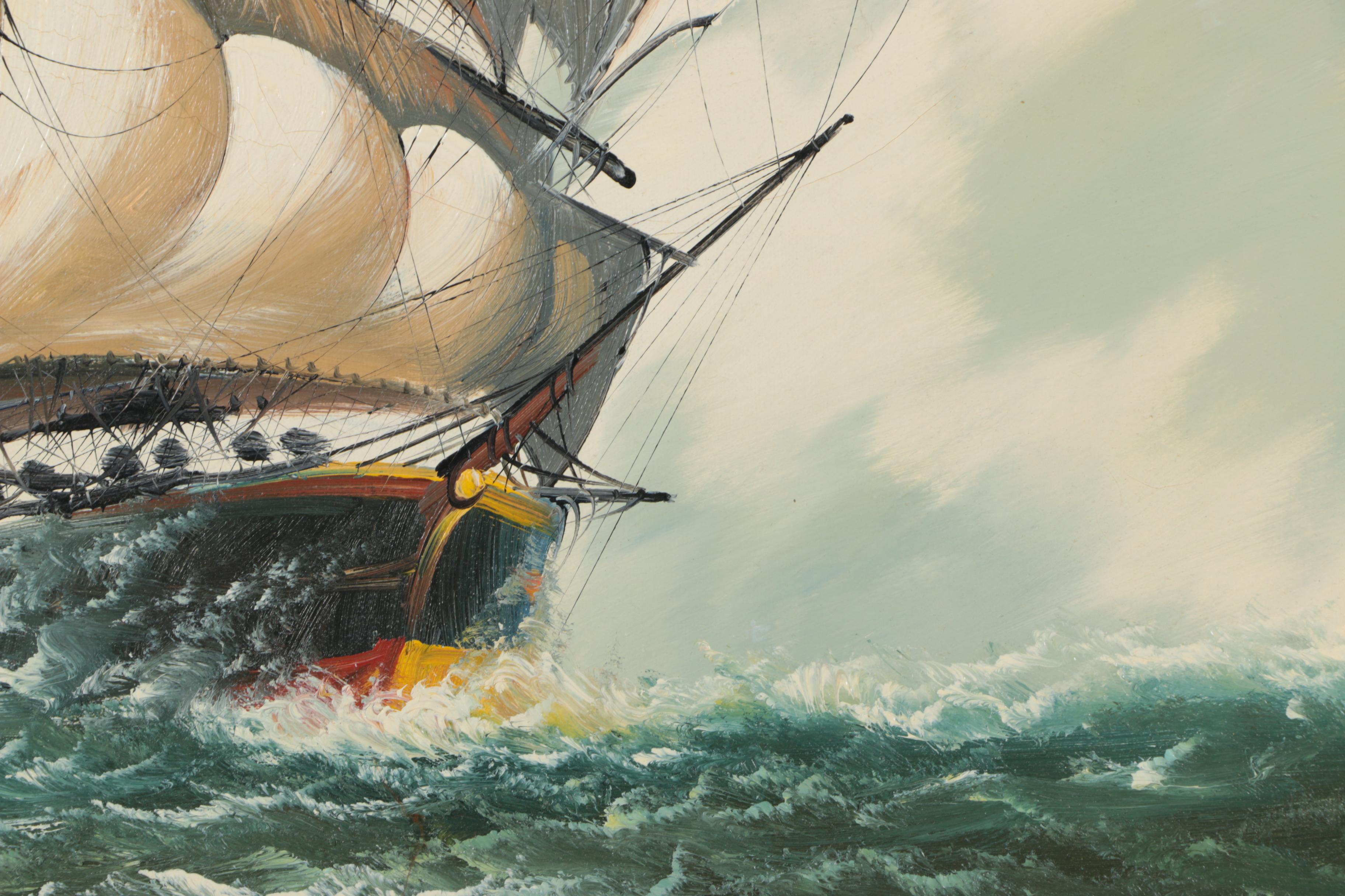 J. James Oil Painting on Canvas of Ship Scene