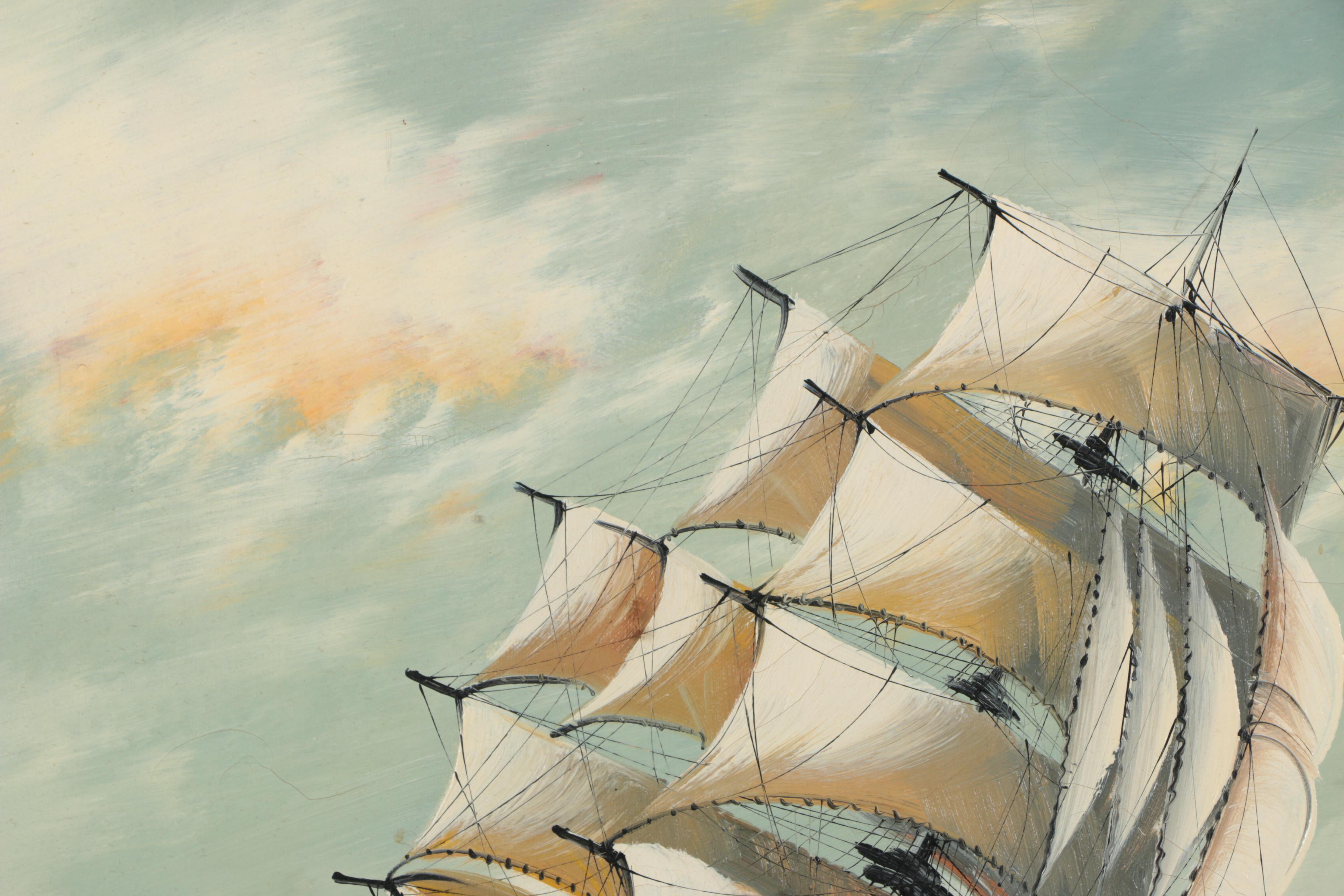 J. James Oil Painting on Canvas of Ship Scene