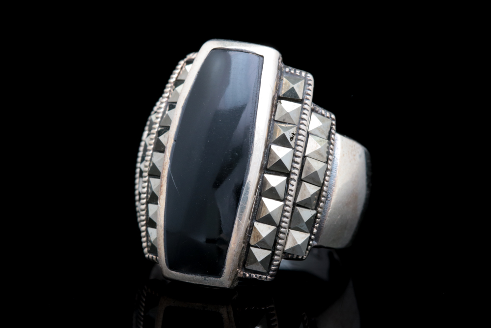 Sterling Silver, Black Chalcedony and Marcasite Ring